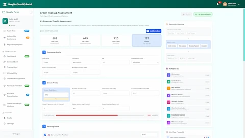 Credit Risk AI Assessment - Consumer profile input with credit score 581, credit profile details showing 70% utilization, and 8 AI agents with workflow phases