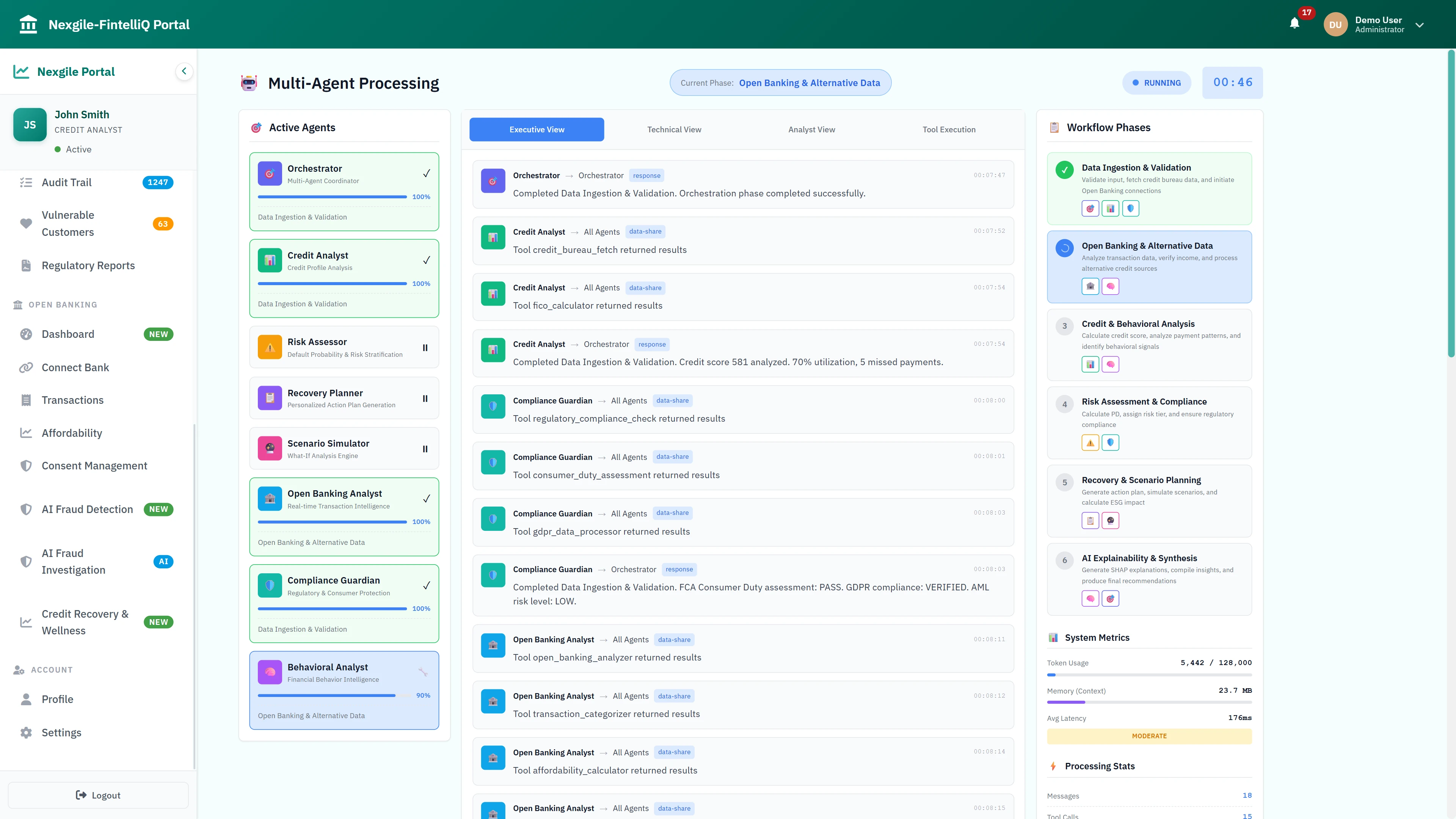 Multi-Agent Processing - Real-time agent execution showing Executive/Technical/Analyst views, active agents progress, and 6 workflow phases including Open Banking analysis