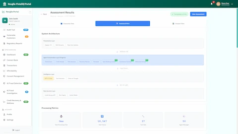 Assessment Results Technical View - System architecture diagram showing presentation layer, 8-agent orchestration layer, GPT-4 Turbo intelligence layer, and processing metrics