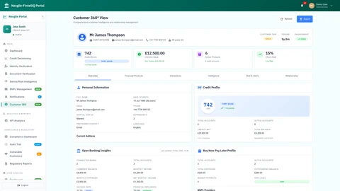 Customer 360 View - Comprehensive customer overview with credit analysis and fraud detection