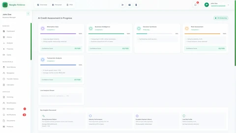 Multi-agent analysis dashboard showing five AI agents (Alternative Data, Business Intelligence, Decision Synthesis, Transaction Analysis, Risk Assessment) processing in parallel with confidence scores, live analysis stream, and key insights discovered including revenue patterns and risk profile
