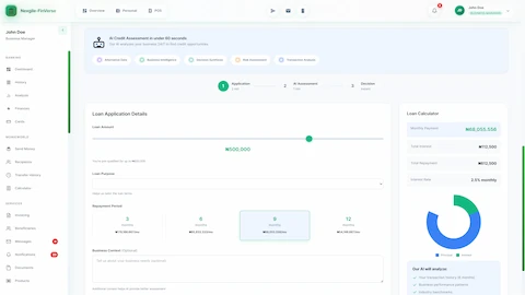 Loan application form with amount slider (₦500,000), repayment period selection (3-12 months), real-time loan calculator displaying monthly payment, total interest, and repayment breakdown, plus AI analysis indicators for transaction history and business benchmarks