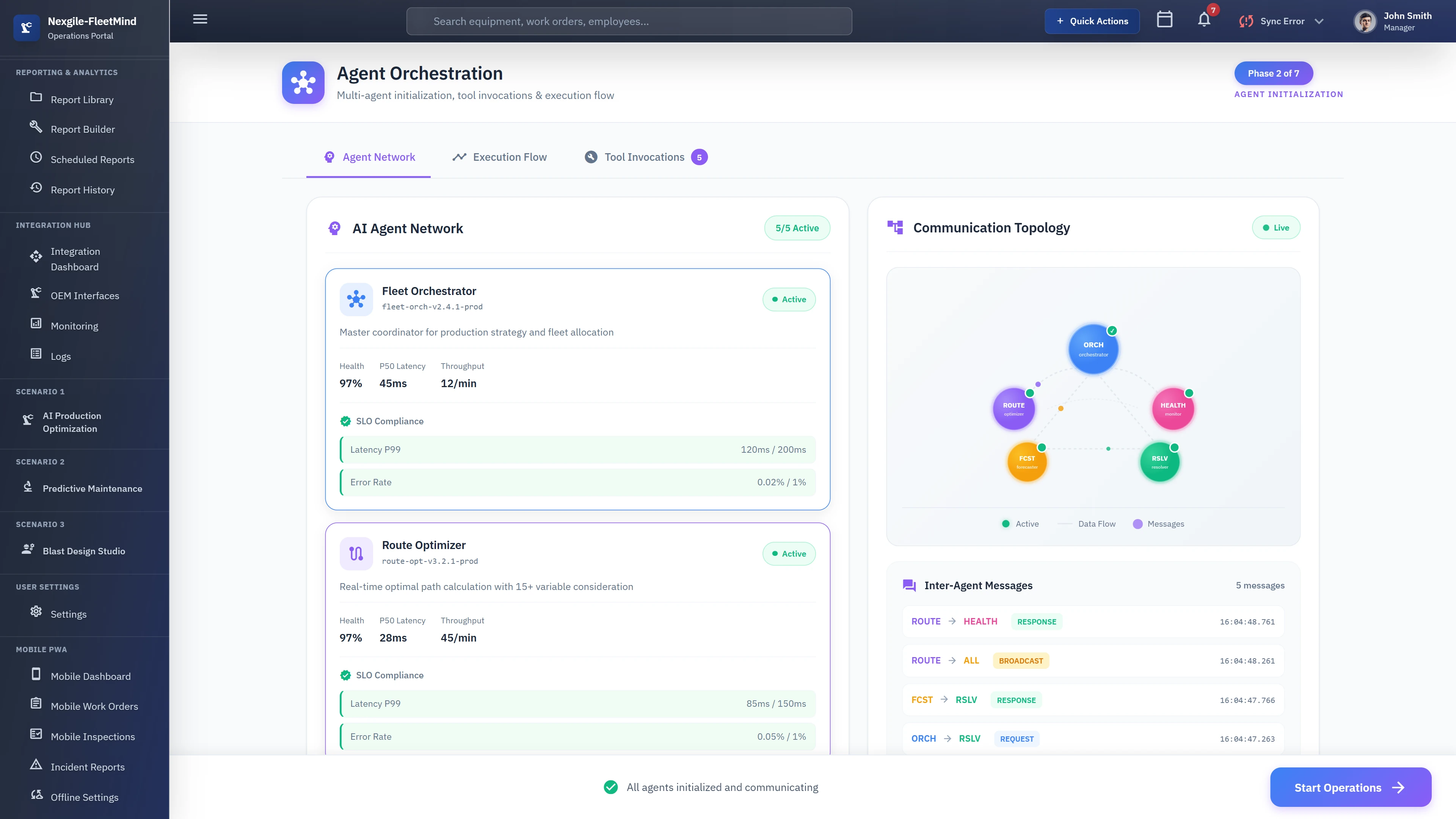 Agent Orchestration phase displaying the AI Agent Network with all 5 agents active, real-time communication topology visualization showing data flow between agents, inter-agent messaging logs, and SLO compliance metrics with latency and error rate tracking.