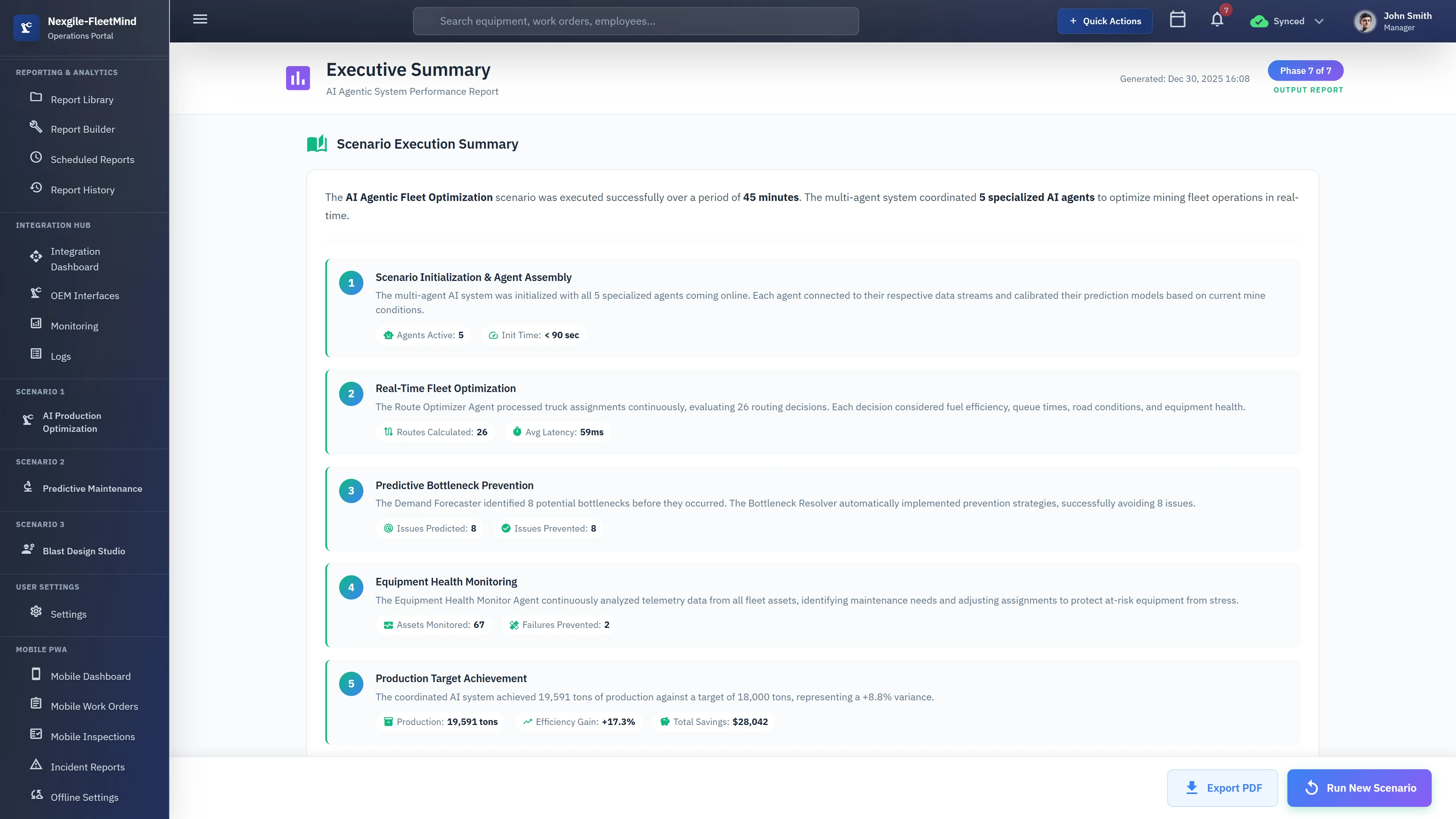Executive Summary report displaying scenario execution results with 5-step performance breakdown covering agent initialization, real-time fleet optimization, predictive bottleneck prevention, equipment health monitoring, and production target achievement with efficiency gains and total cost savings.