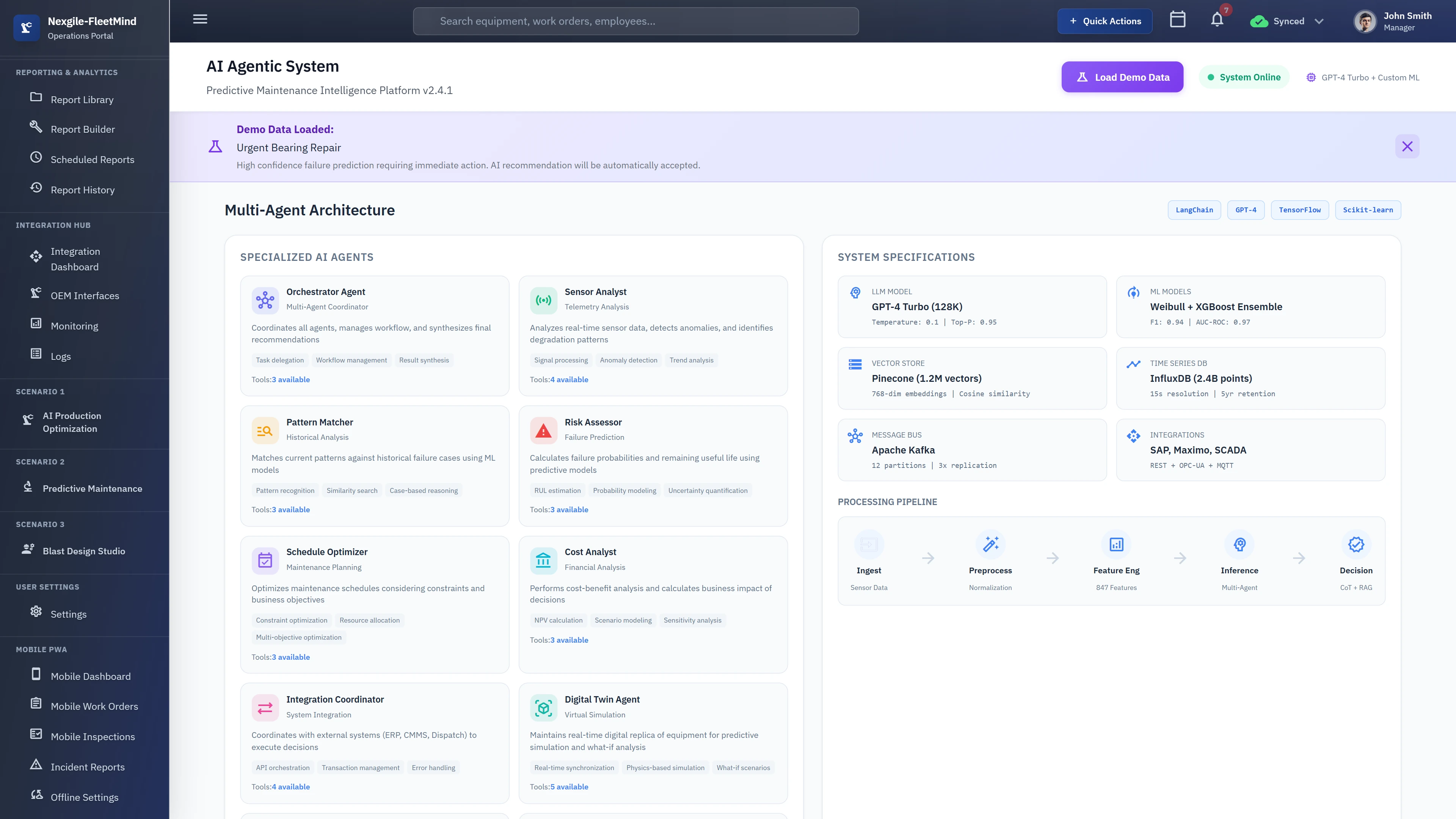 Multi-Agent Architecture dashboard displaying 10 specialized AI agents including Orchestrator, Sensor Analyst, Pattern Matcher, Risk Assessor, Schedule Optimizer, Cost Analyst, Integration Coordinator, Digital Twin, Sustainability Analyst, and Fleet Intelligence with system specifications and processing pipeline stages.