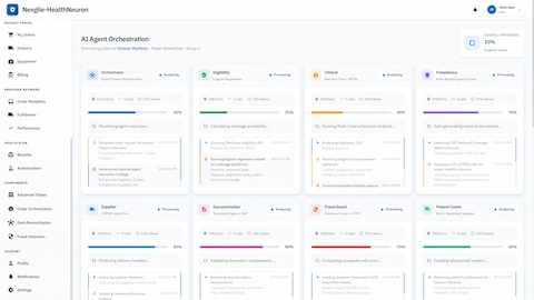 Real-time AI agent orchestration dashboard displaying parallel execution of 8 specialized agents with live progress tracking and chain-of-thought reasoning
