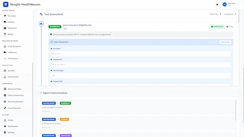 Tool invocations and inter-agent communication view showing eligibility API calls and message exchanges between orchestrator and specialized agents