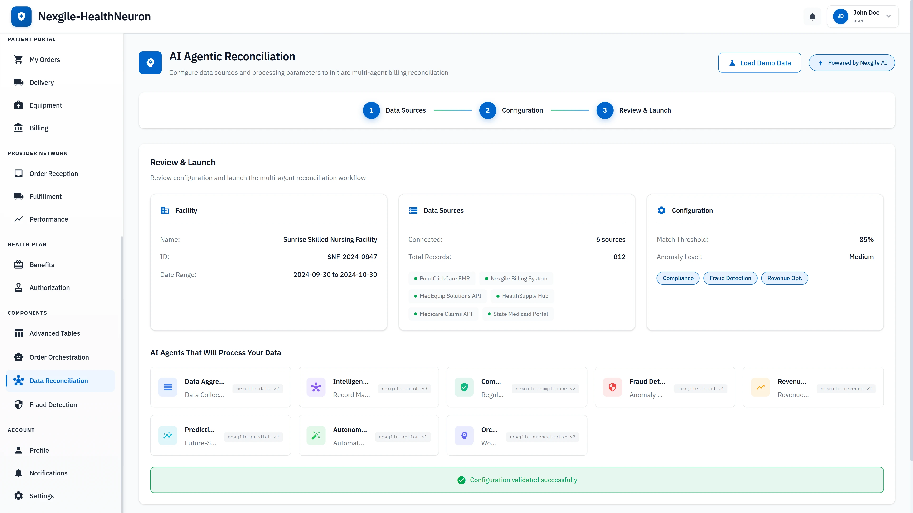 Multi-agent reconciliation setup wizard displaying data source connections from 6 systems including EMR and billing platforms, facility configuration, and 8 AI agents ready to process reconciliation