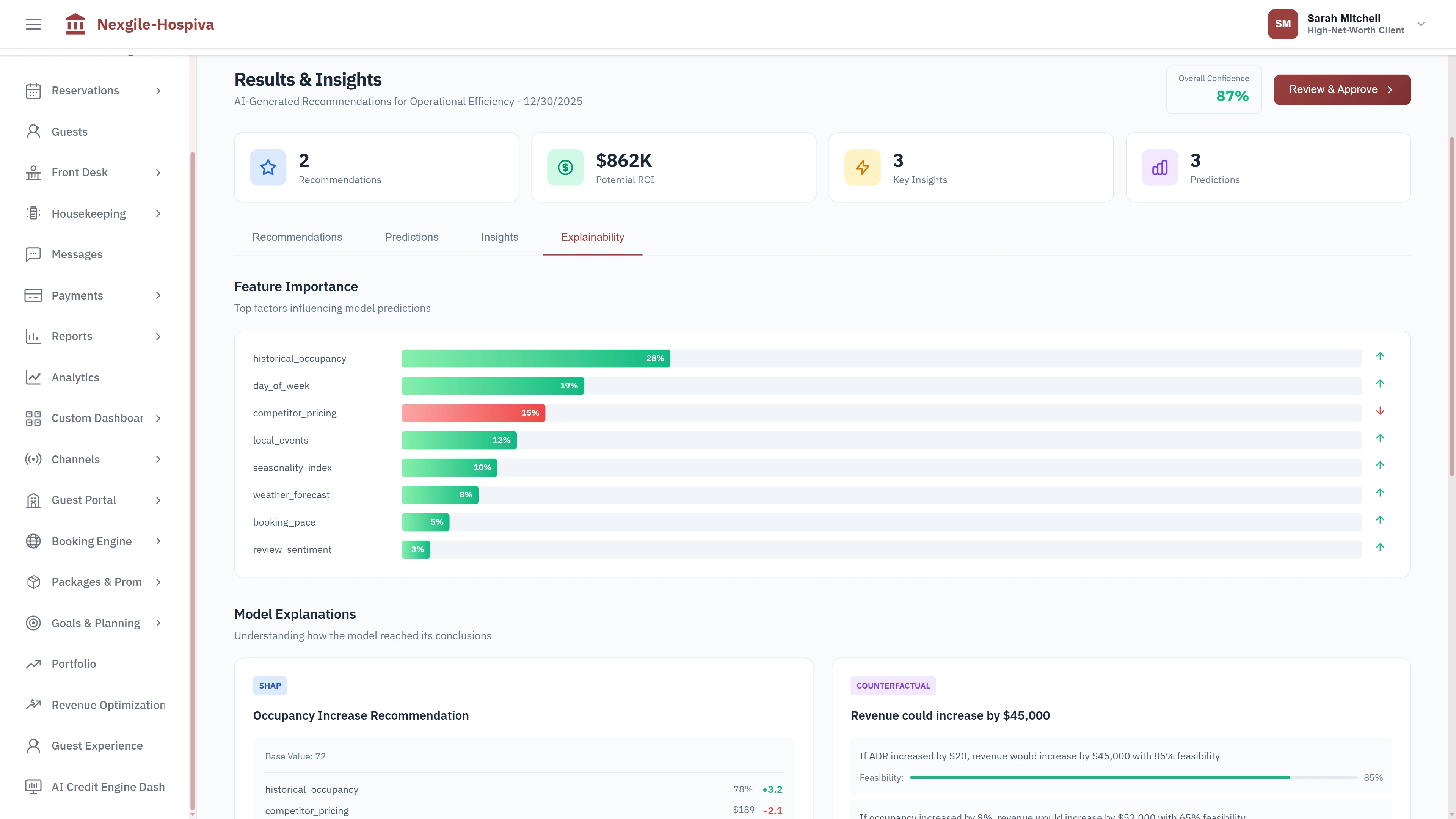 AI explainability interface with feature importance analysis, SHAP values, and counterfactual explanations for transparent decision-making
