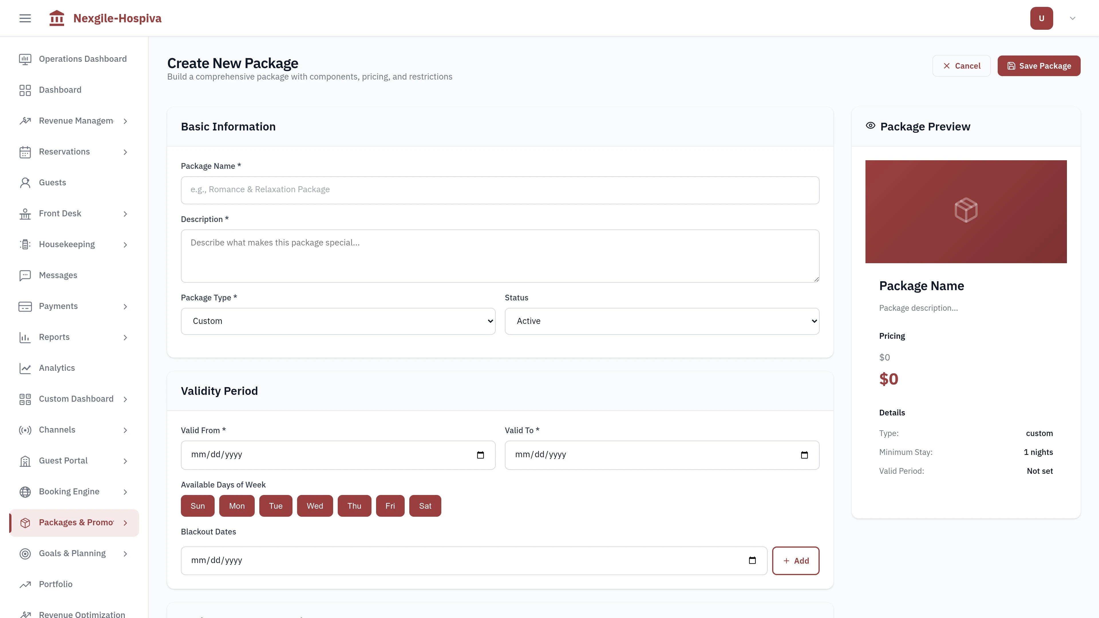 Package Builder interface showing travel package creation and management tools