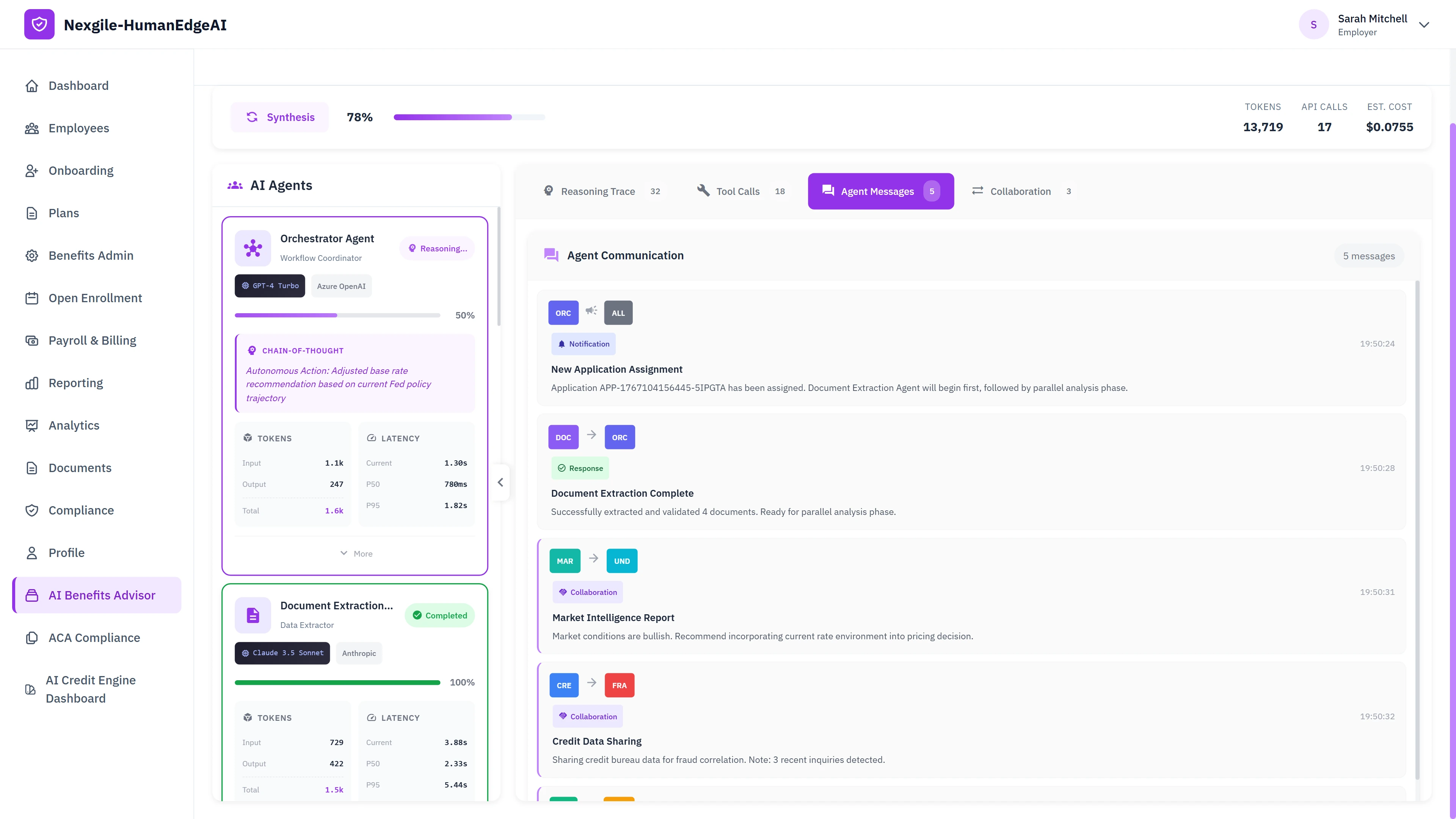 Inter-agent communication panel showing real-time collaboration messages between specialized agents including application assignment notifications, document extraction completion, market intelligence reports, and credit data sharing for fraud correlation