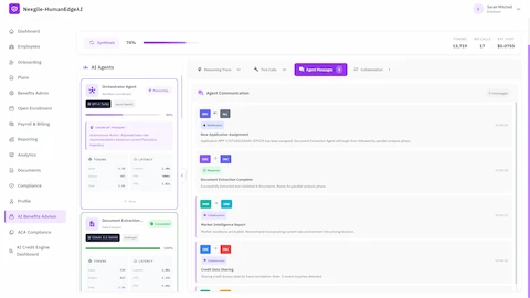 Inter-agent communication panel showing real-time collaboration messages between specialized agents including application assignment notifications, document extraction completion, market intelligence reports, and credit data sharing for fraud correlation