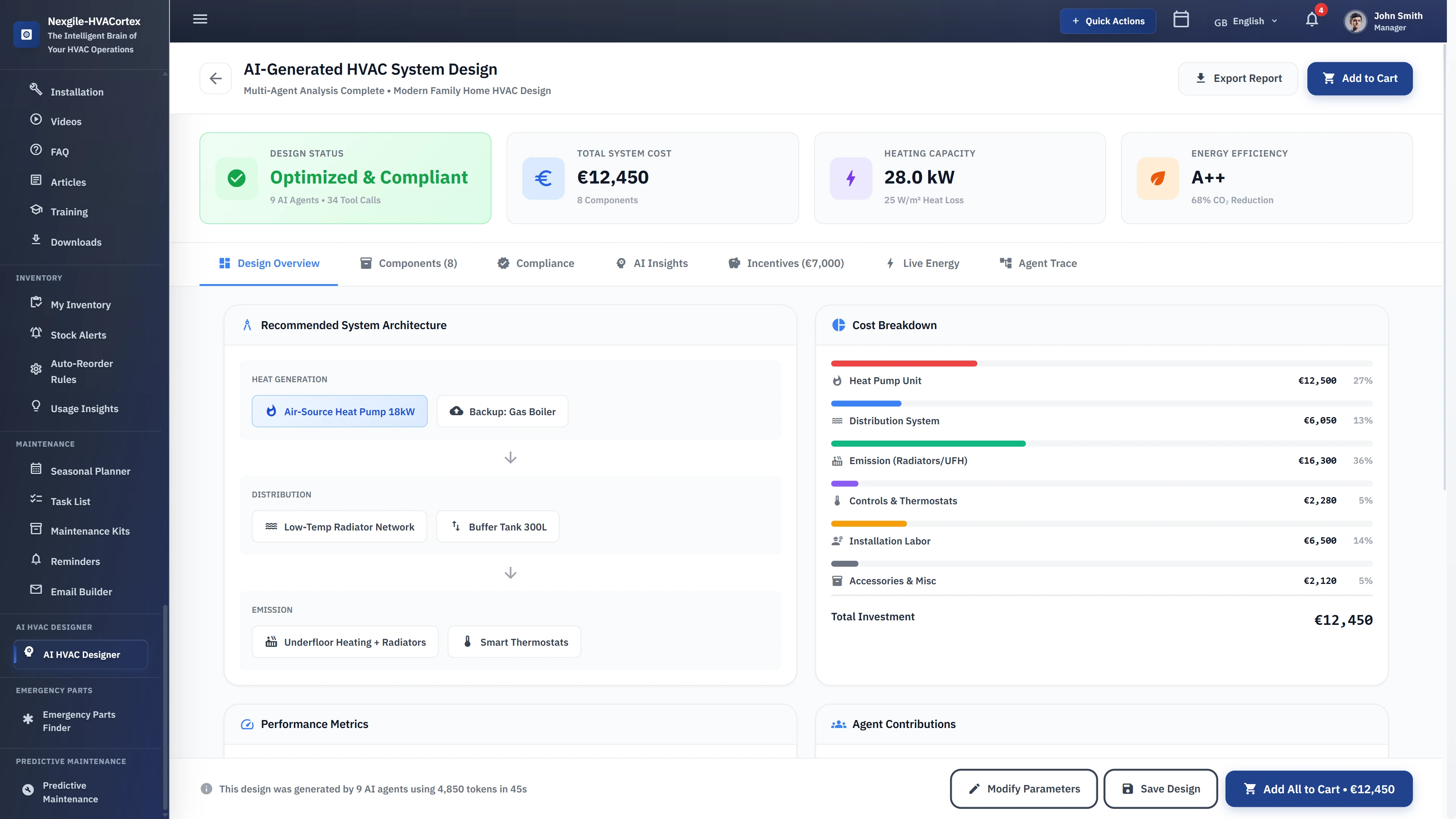AI-Generated HVAC System Design - Complete system recommendation with cost breakdown, A++ energy efficiency rating, and component architecture
