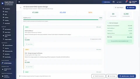 Incentives & Rebates Analysis - Available grants (MaPrimeRénov', CEE certificates) with 95% eligibility scoring and 46% cost savings calculation