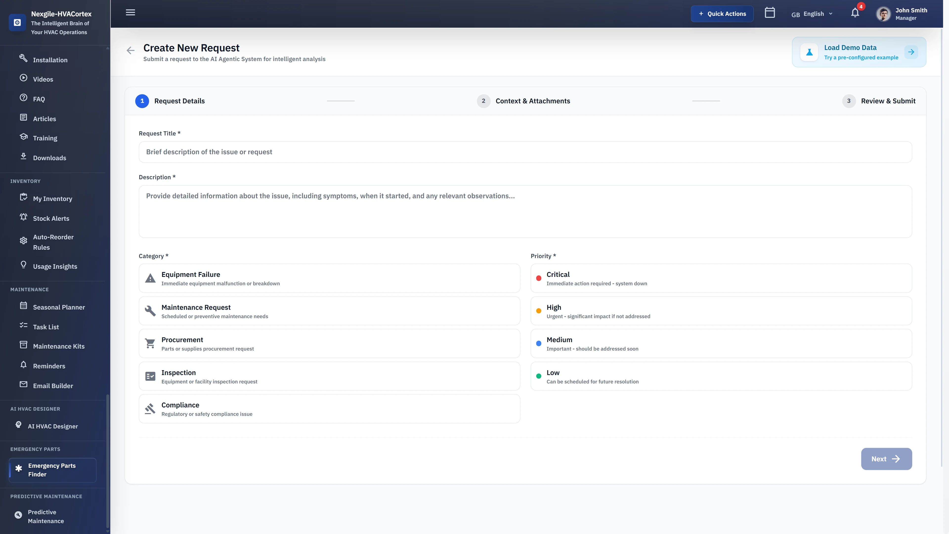 Service Request Form - Create new request with category selection (Equipment Failure, Maintenance, Procurement, Inspection) and priority levels