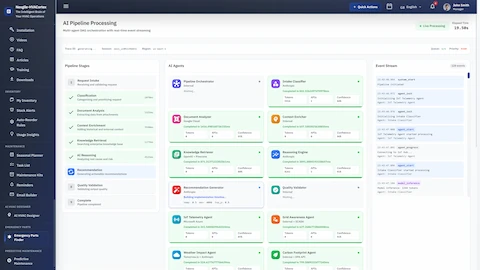 AI Pipeline Processing - Multi-agent DAG orchestration with real-time event streaming showing pipeline stages and agent execution status