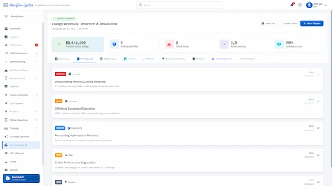 Mission Results Dashboard - Completed analysis showing detected anomalies, estimated savings, and critical issues across building portfolio