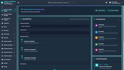 NDT Data Upload & Analysis Setup - Configure component selection, inspection methods (UT, ET, RT), and view AI Analysis Team agents ready for multi-method defect analysis