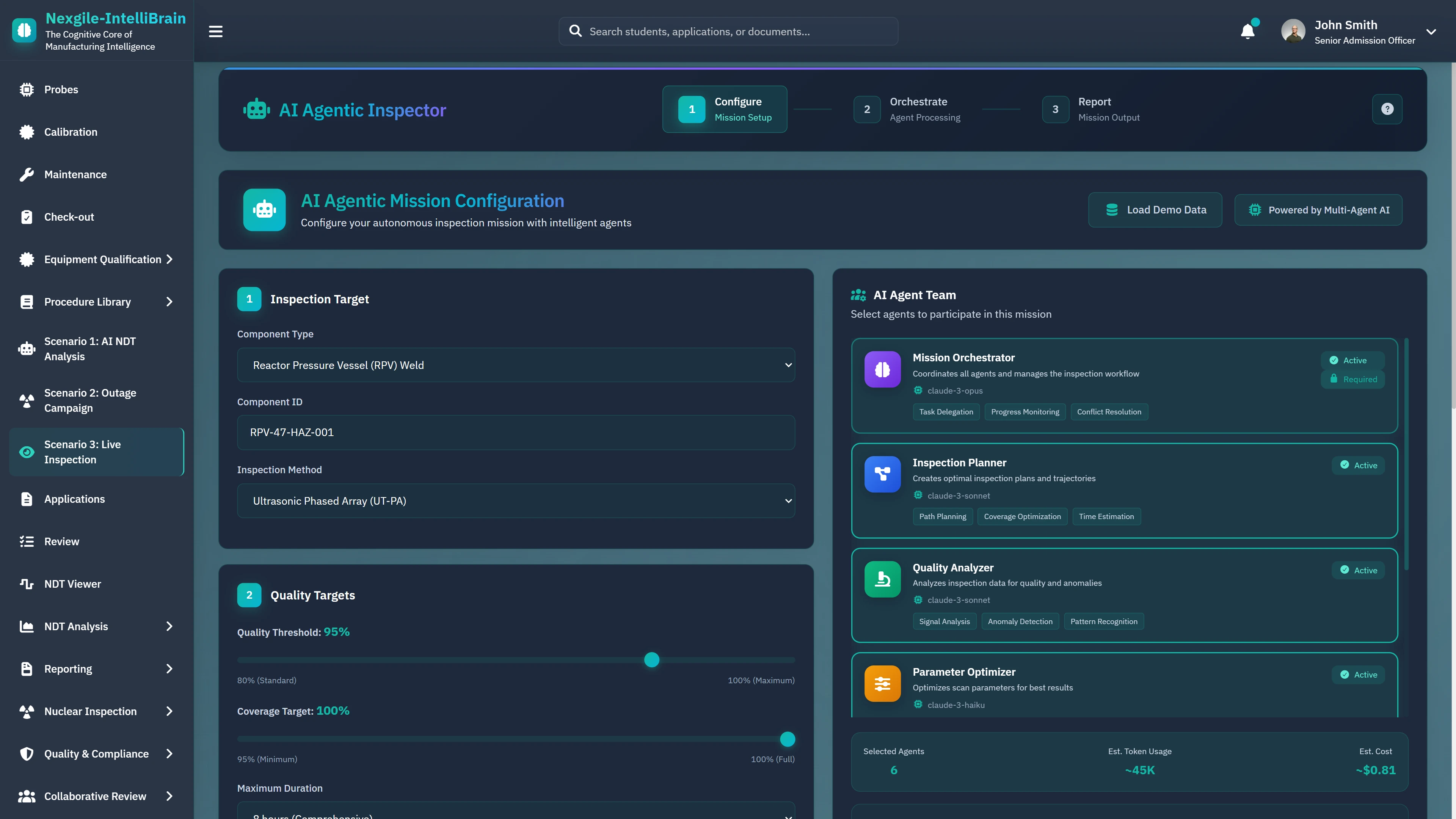 AI Agentic Mission Configuration - Setup autonomous inspection mission with target component selection, quality thresholds, and AI Agent Team including Mission Orchestrator, Planner, Analyzer, and Optimizer