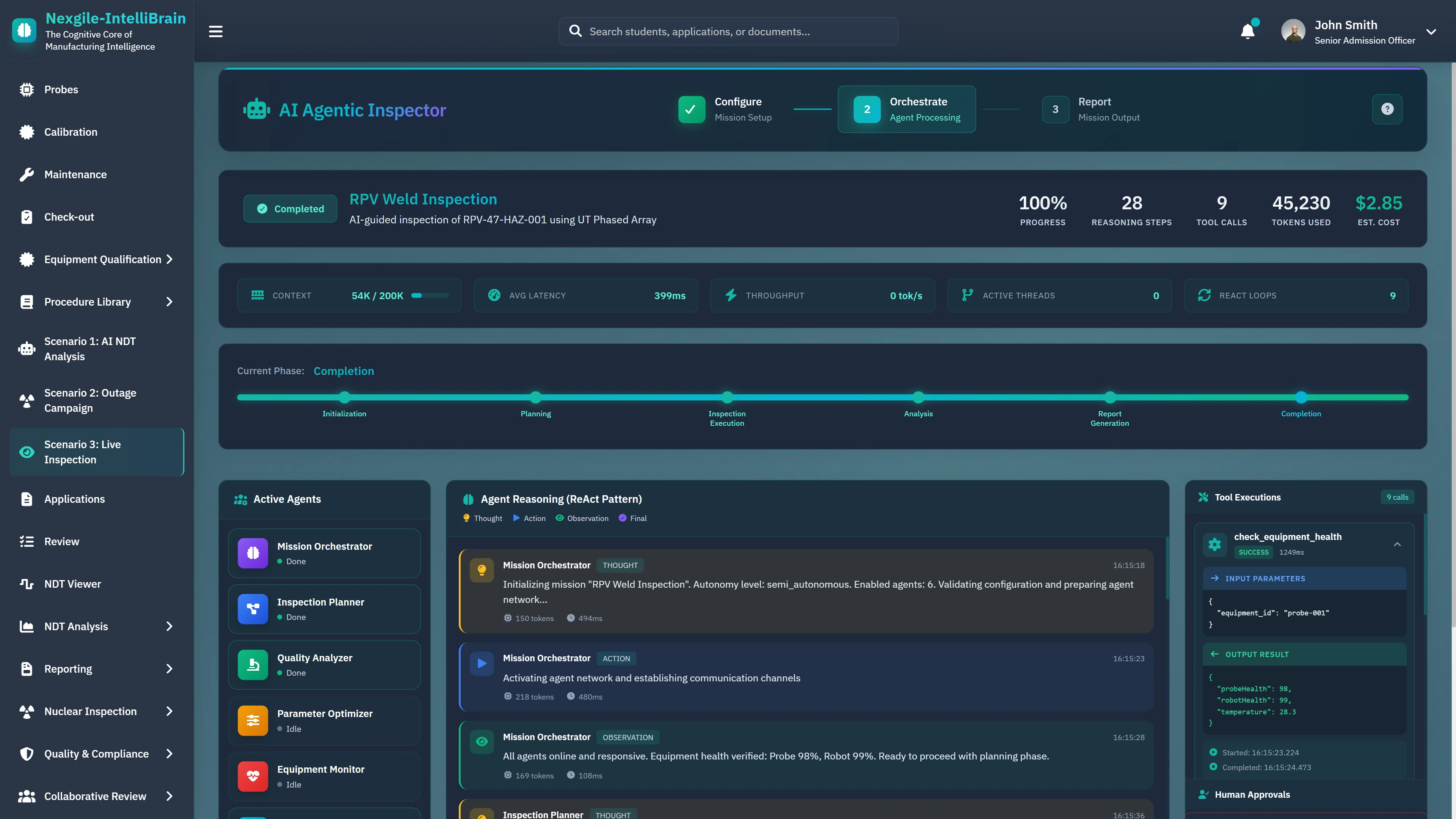 Live RPV Weld Inspection - Real-time mission execution at 100% progress showing active agents with ReAct reasoning pattern, tool executions, and equipment health monitoring