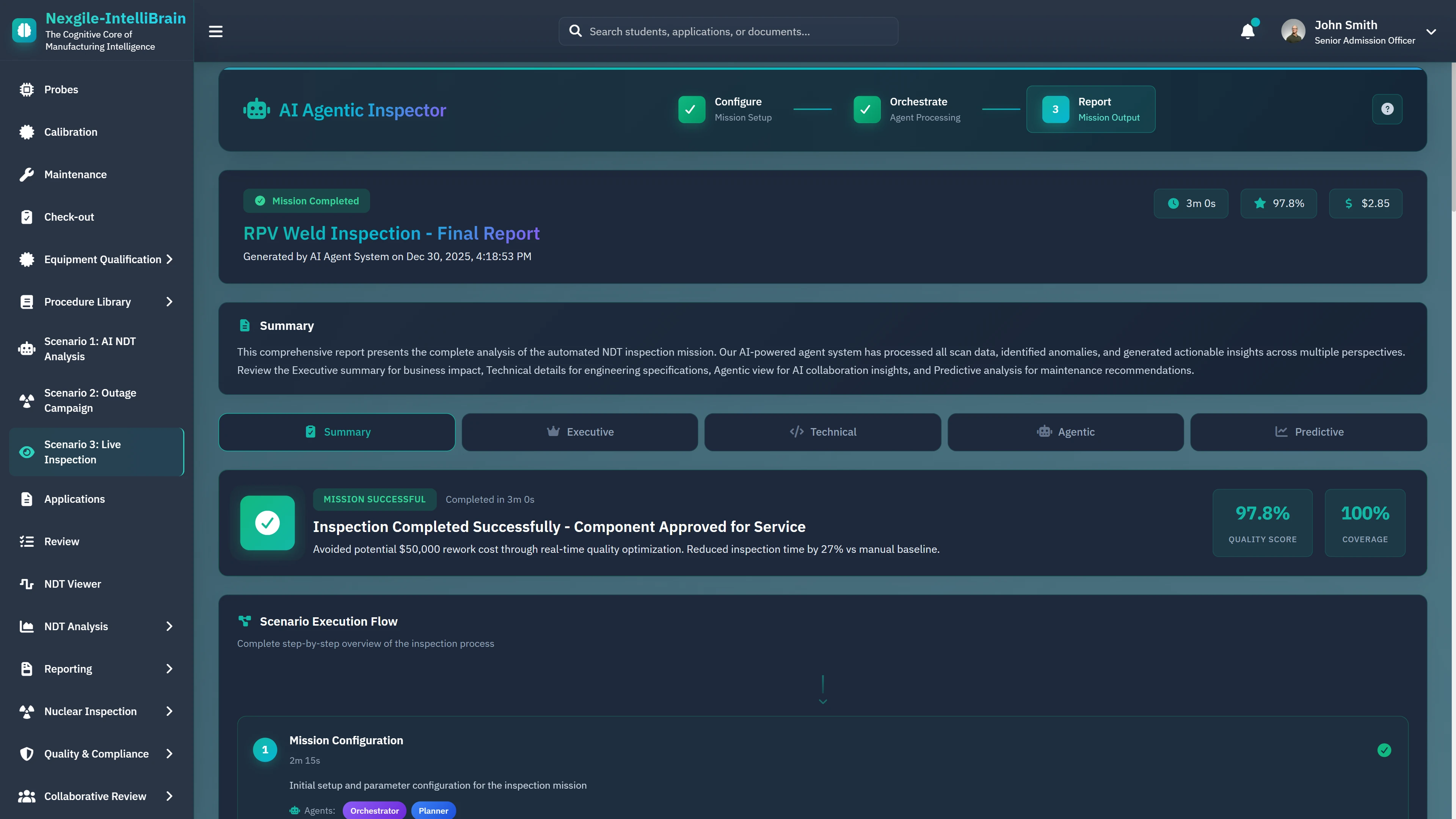 RPV Weld Inspection Final Report - Mission completed successfully with component approved for service, 97.8% quality score, 100% coverage, and scenario execution flow visualization