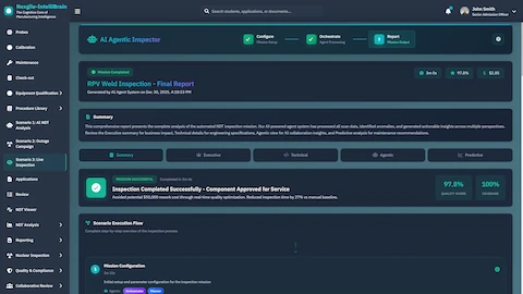 RPV Weld Inspection Final Report - Mission completed successfully with component approved for service, 97.8% quality score, 100% coverage, and scenario execution flow visualization