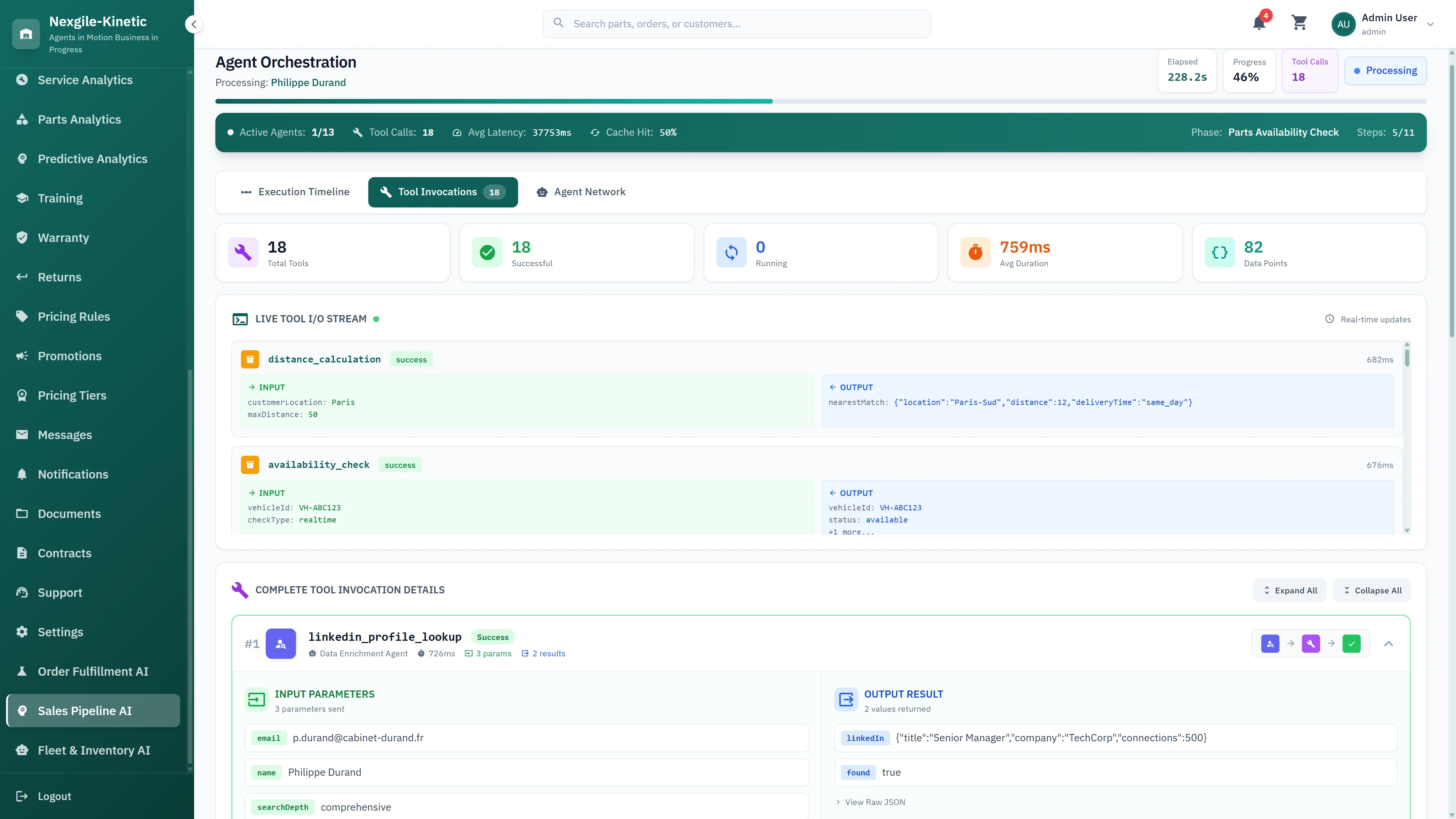 Multi-Agent Orchestration Theater - Real-time execution flow showing 13 specialized agents processing lead qualification with task details