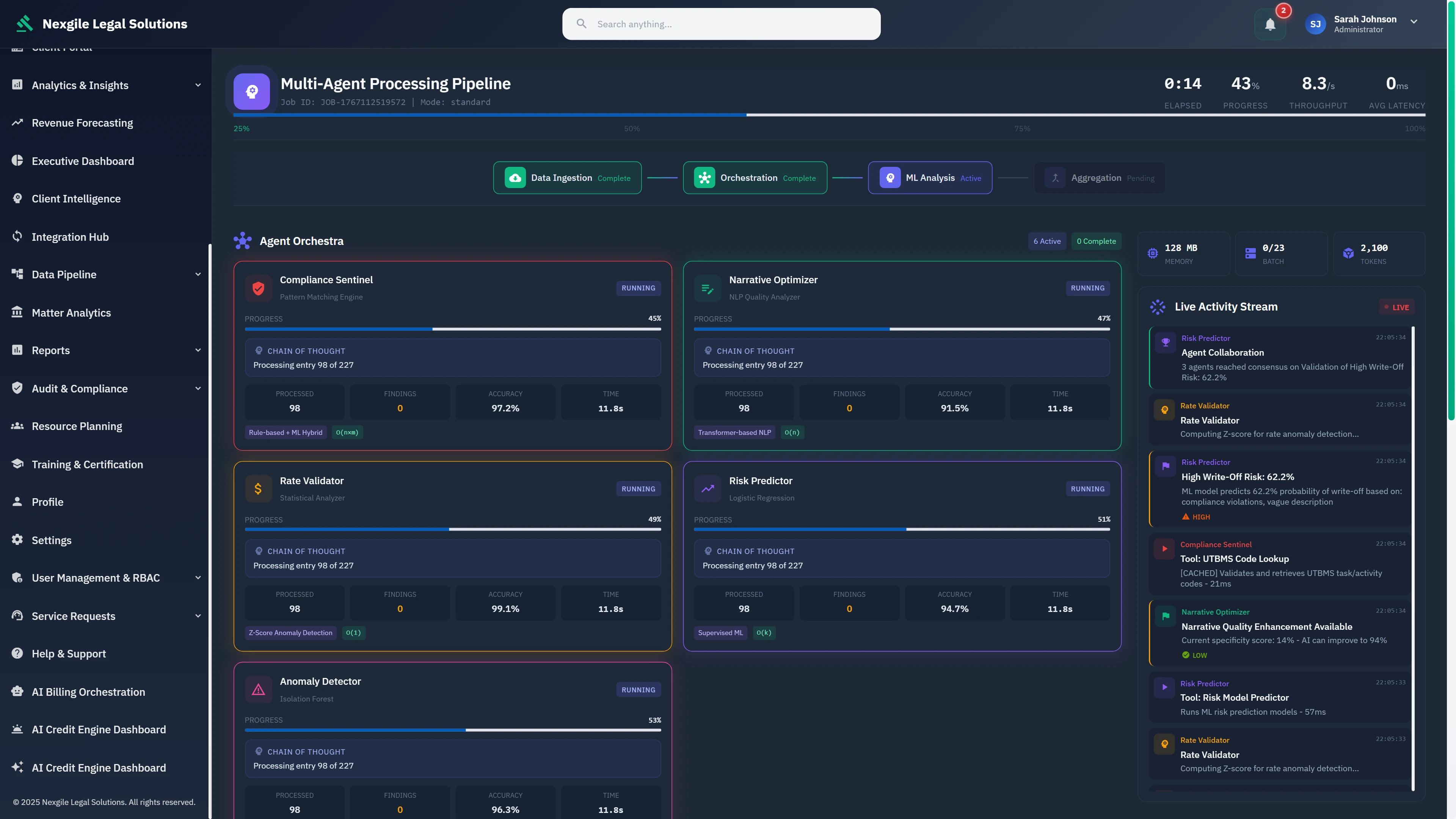 Multi-Agent Processing Pipeline - Real-time agent orchestra showing Compliance Sentinel, Narrative Optimizer, Rate Validator, Risk Predictor, and Anomaly Detector executing in parallel with live activity stream and chain-of-thought reasoning