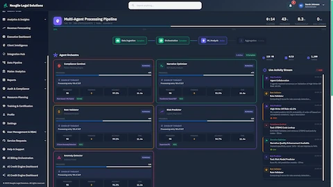 Multi-Agent Processing Pipeline - Real-time agent orchestra showing Compliance Sentinel, Narrative Optimizer, Rate Validator, Risk Predictor, and Anomaly Detector executing in parallel with live activity stream and chain-of-thought reasoning