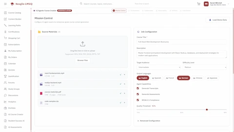 Mission Control - Source materials upload with job configuration including course title, description, target audience, difficulty level, output languages, and agent capabilities