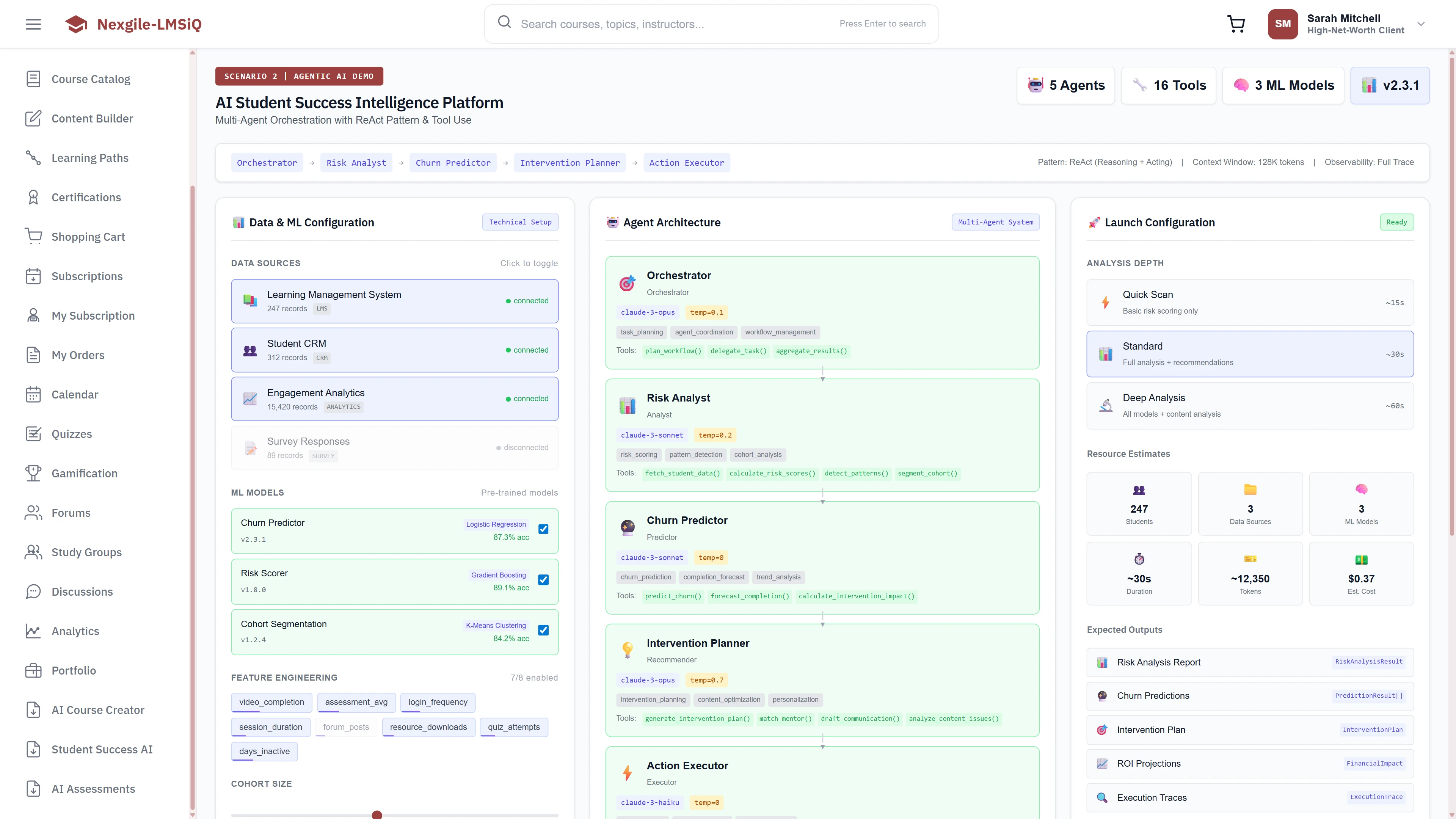 AI Student Success Intelligence Platform - Data & ML configuration, Agent Architecture (Orchestrator, Risk Analyst, Churn Predictor, Intervention Planner, Action Executor), and Launch Configuration