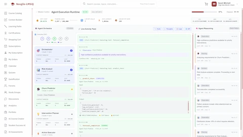 Agent Execution Runtime - Agent Orchestra with live activity feed, real-time code execution, and Agent Reasoning panel showing analysis progress