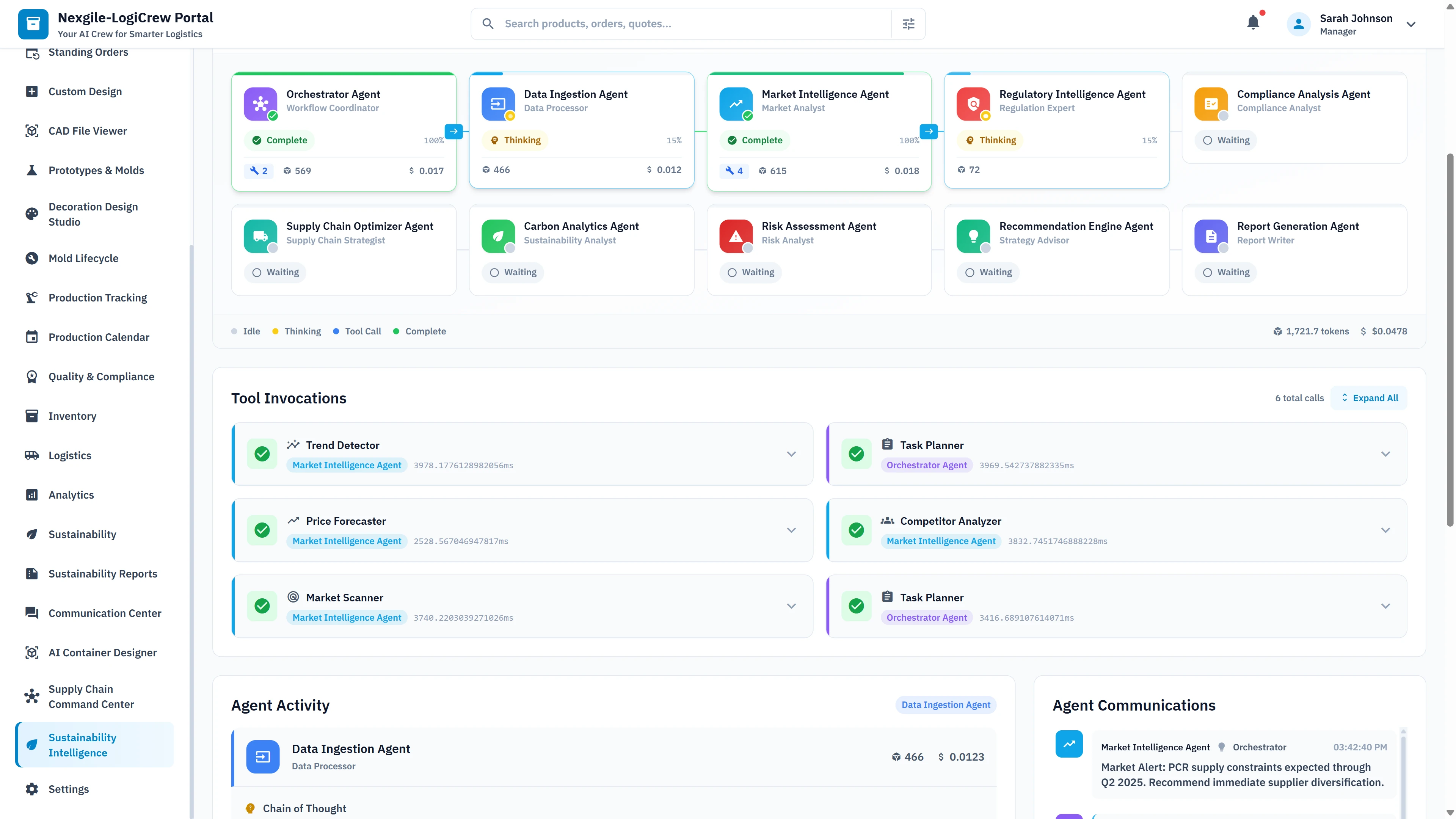 Real-time agent execution dashboard with status indicators for all 10 agents, tool invocations panel, and inter-agent communication logs