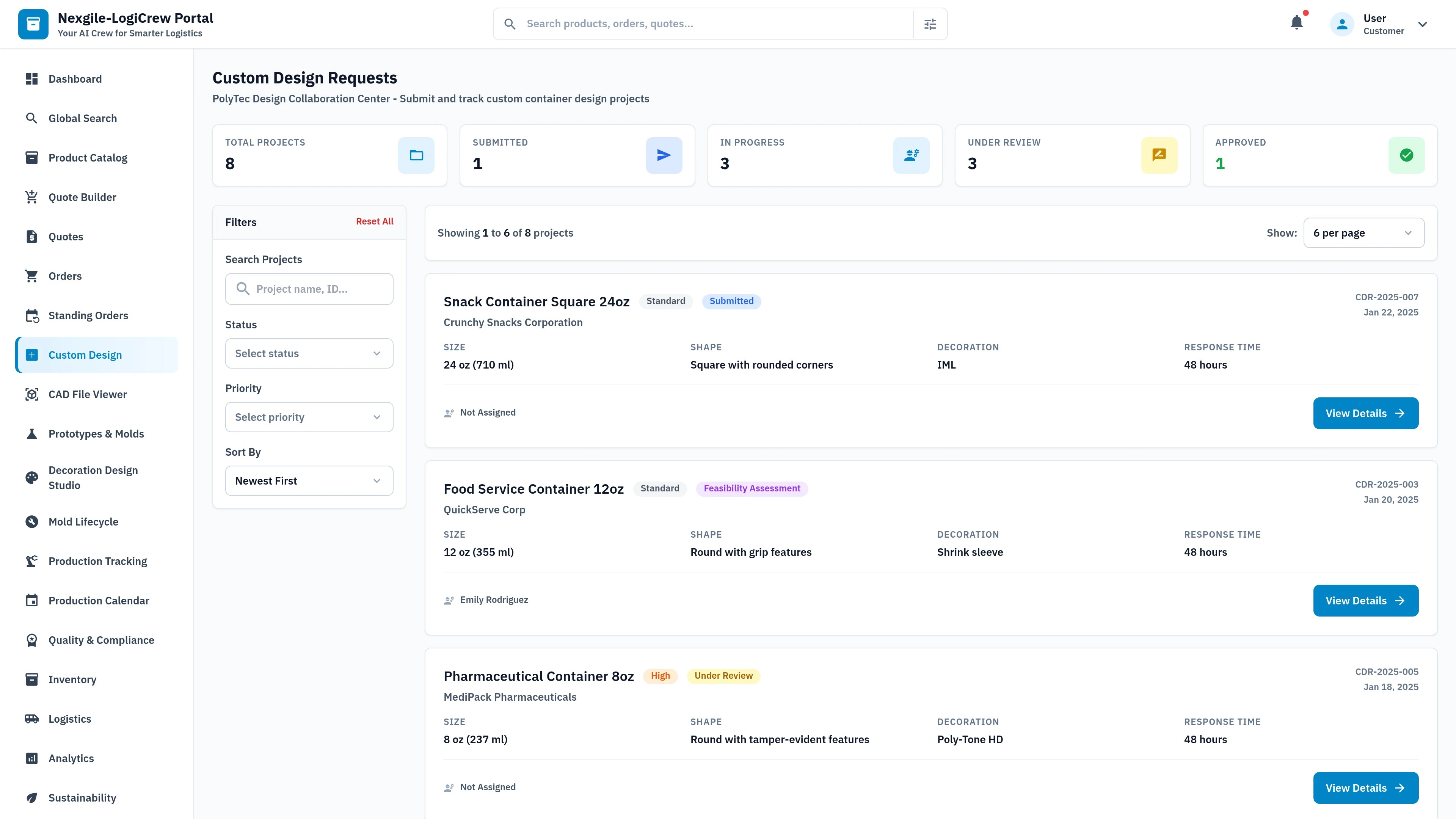 Custom Requests page - B2B portal for managing custom container requests