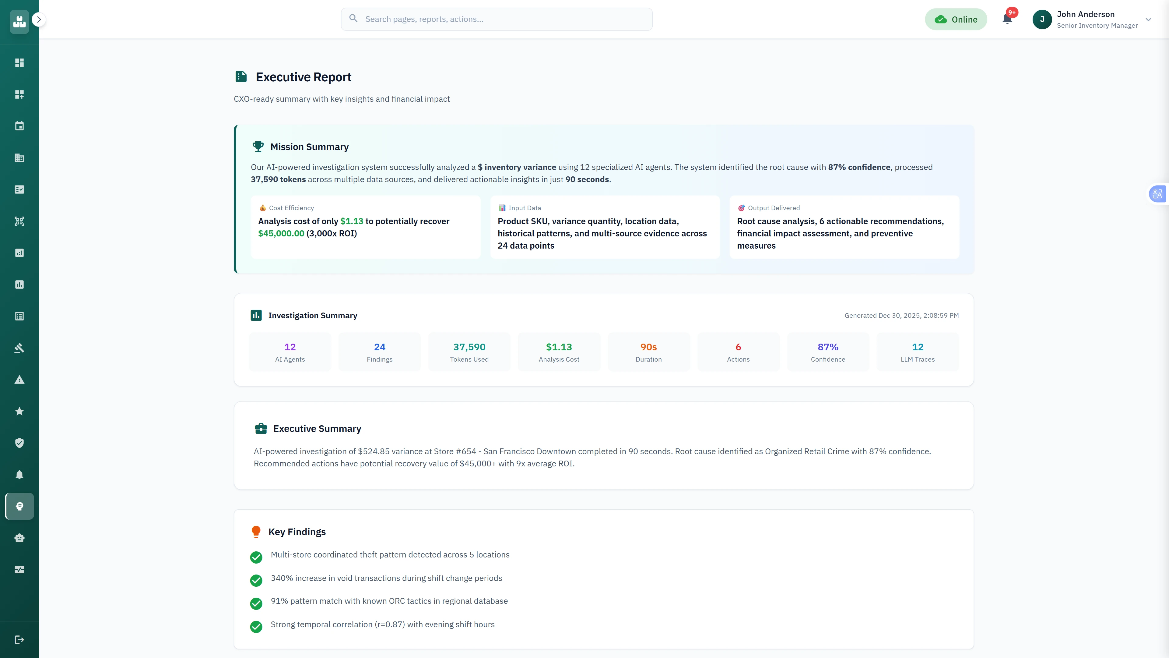 Executive Report with ROI analysis, key findings, and actionable recommendations for variance resolution