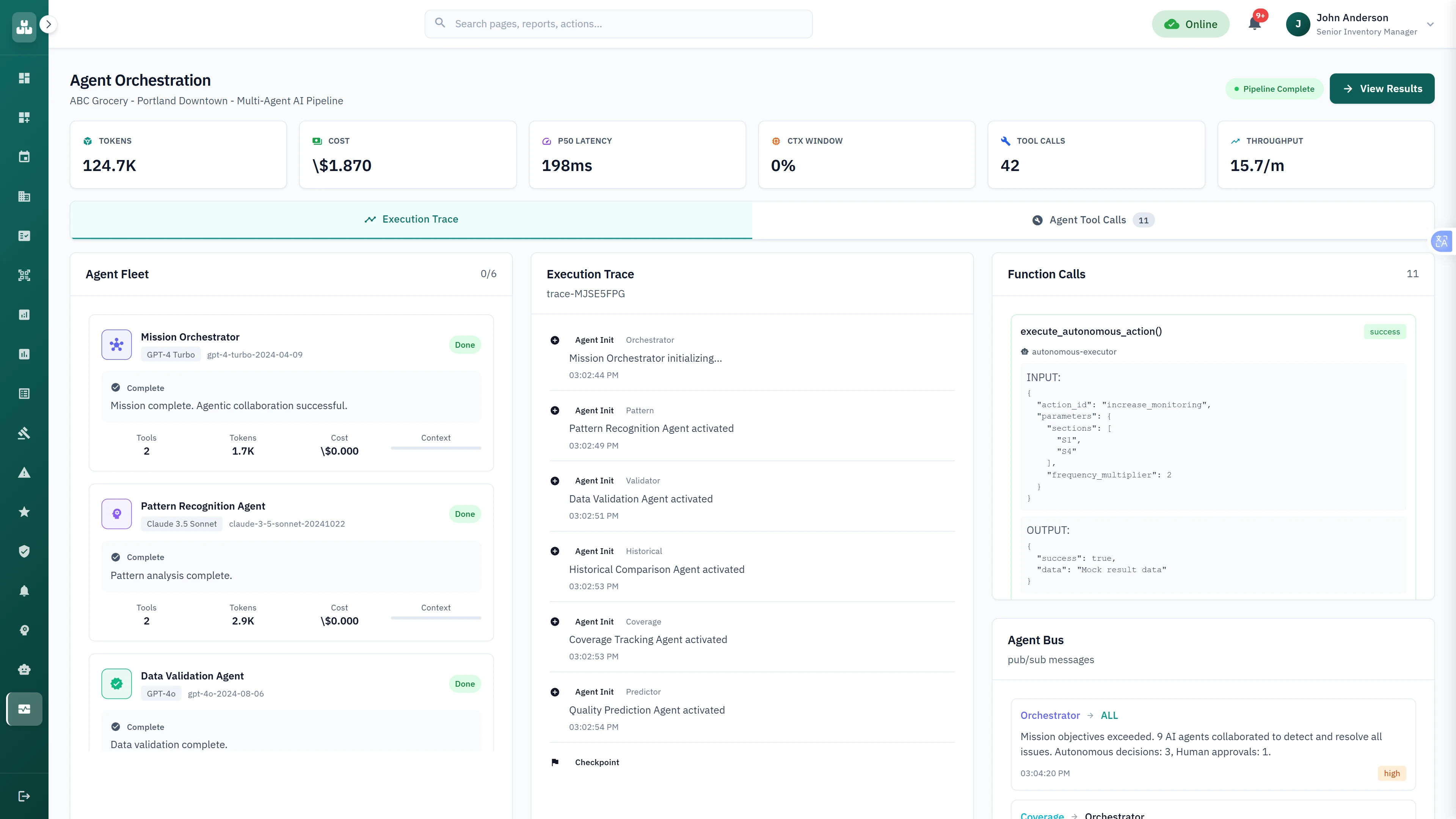Completed quality control mission showing agent collaboration results and performance metrics