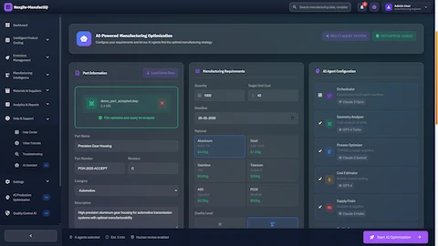 Configuration interface for AI-powered manufacturing optimization showing CAD file upload, manufacturing requirements input, and multi-agent system configuration