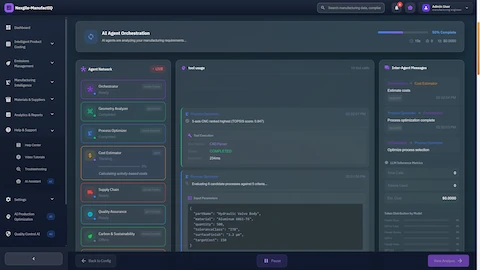 Live agent orchestration dashboard displaying real-time multi-agent workflow execution with tool usage, inter-agent messaging, and LLM inference metrics