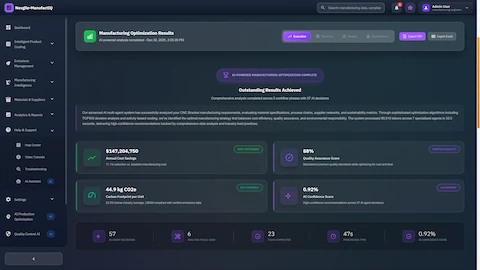 Manufacturing optimization results dashboard presenting comprehensive analysis including annual cost savings, quality scores, carbon footprint, and AI confidence metrics