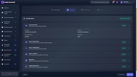 Mission input data review interface organizing company information, Scope 1/2/3 emissions data, supplier details, and compliance requirements for comprehensive carbon analysis