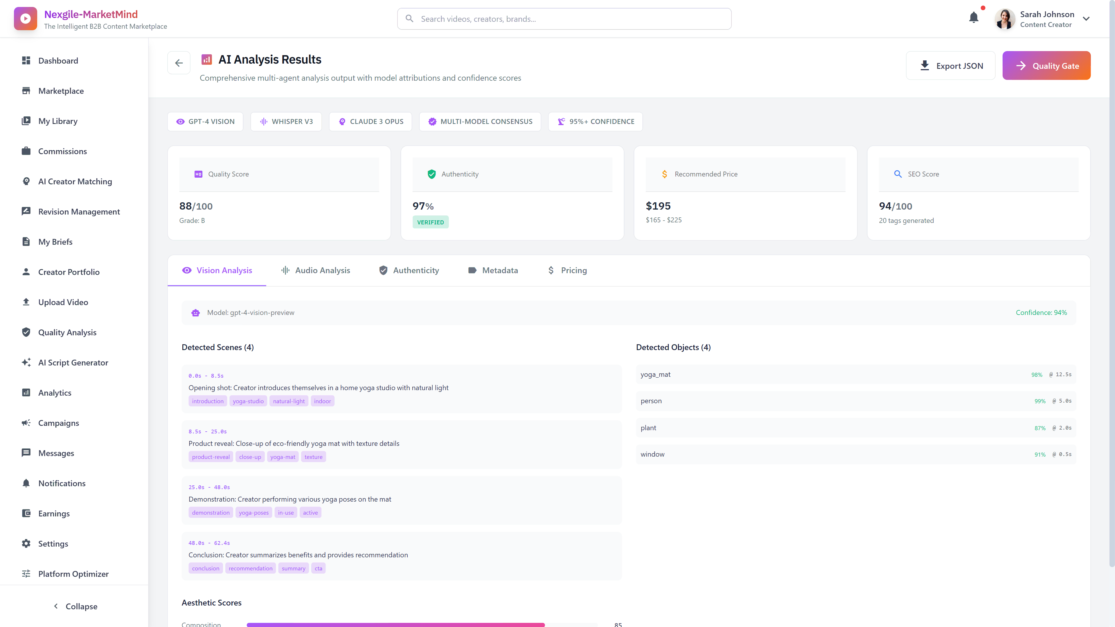 AI Analysis Results - Comprehensive multi-agent analysis output with GPT-4 Vision, Whisper V3, Claude 3 Opus consensus and detailed quality scoring