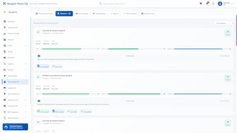 Material recommendations catalog displaying sustainable concrete options with scoring, pricing, and certification badges
