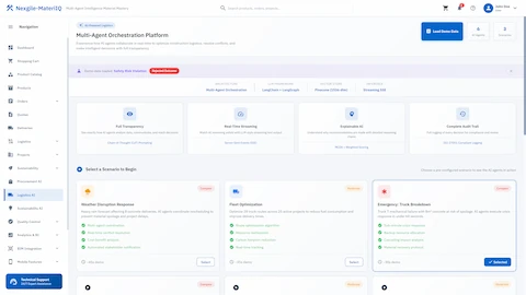 Scenario selection interface presenting weather disruption, fleet optimization, and emergency response options