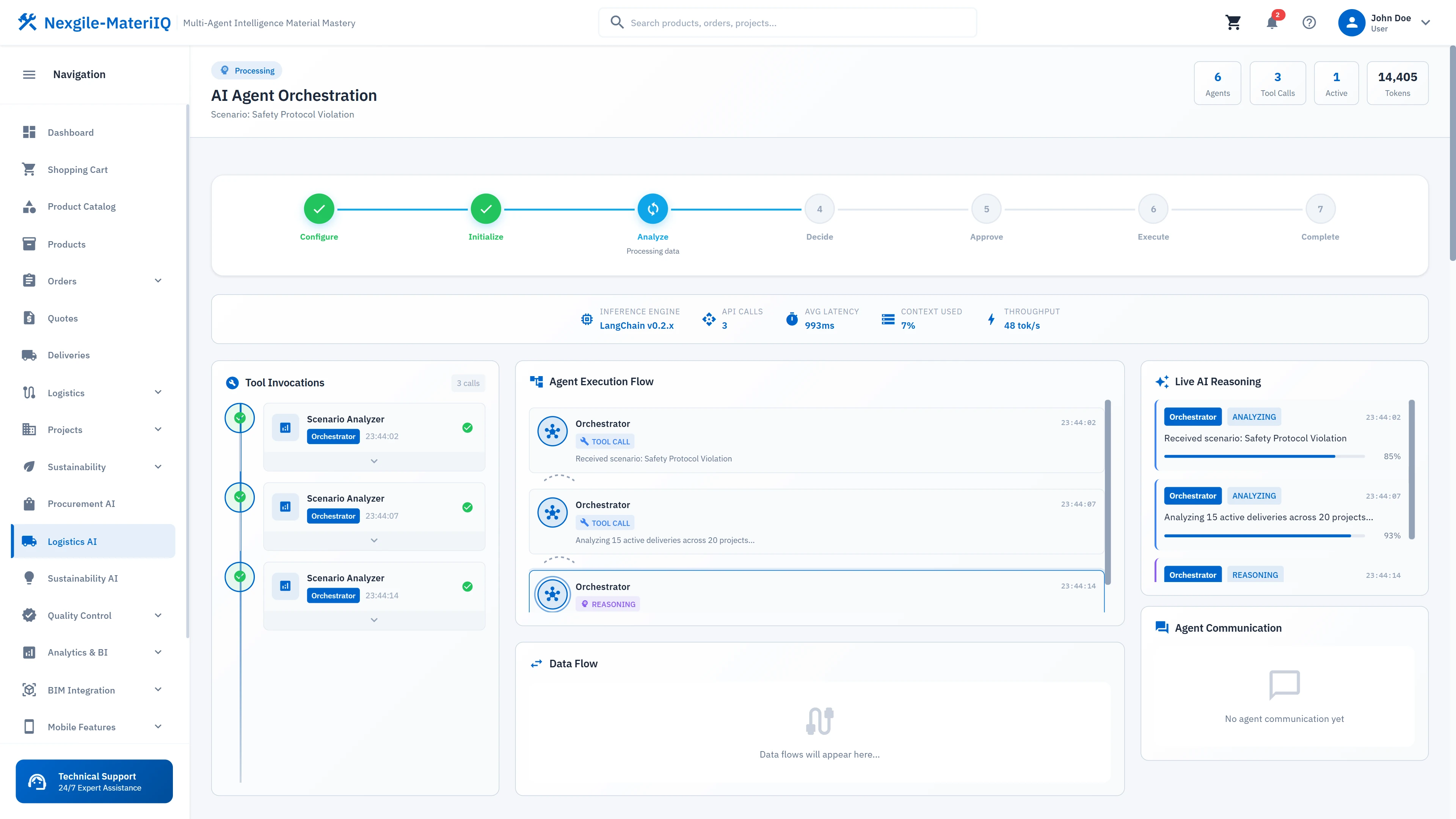 Multi-agent orchestration workflow showing task breakdown, execution flow, and real-time agent coordination