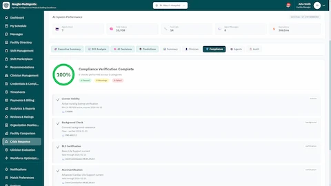 Compliance Verification Complete - 100% compliance score with 6 passed checks including license validity, background check clearance, and BLS/ACLS certifications with regulatory citations