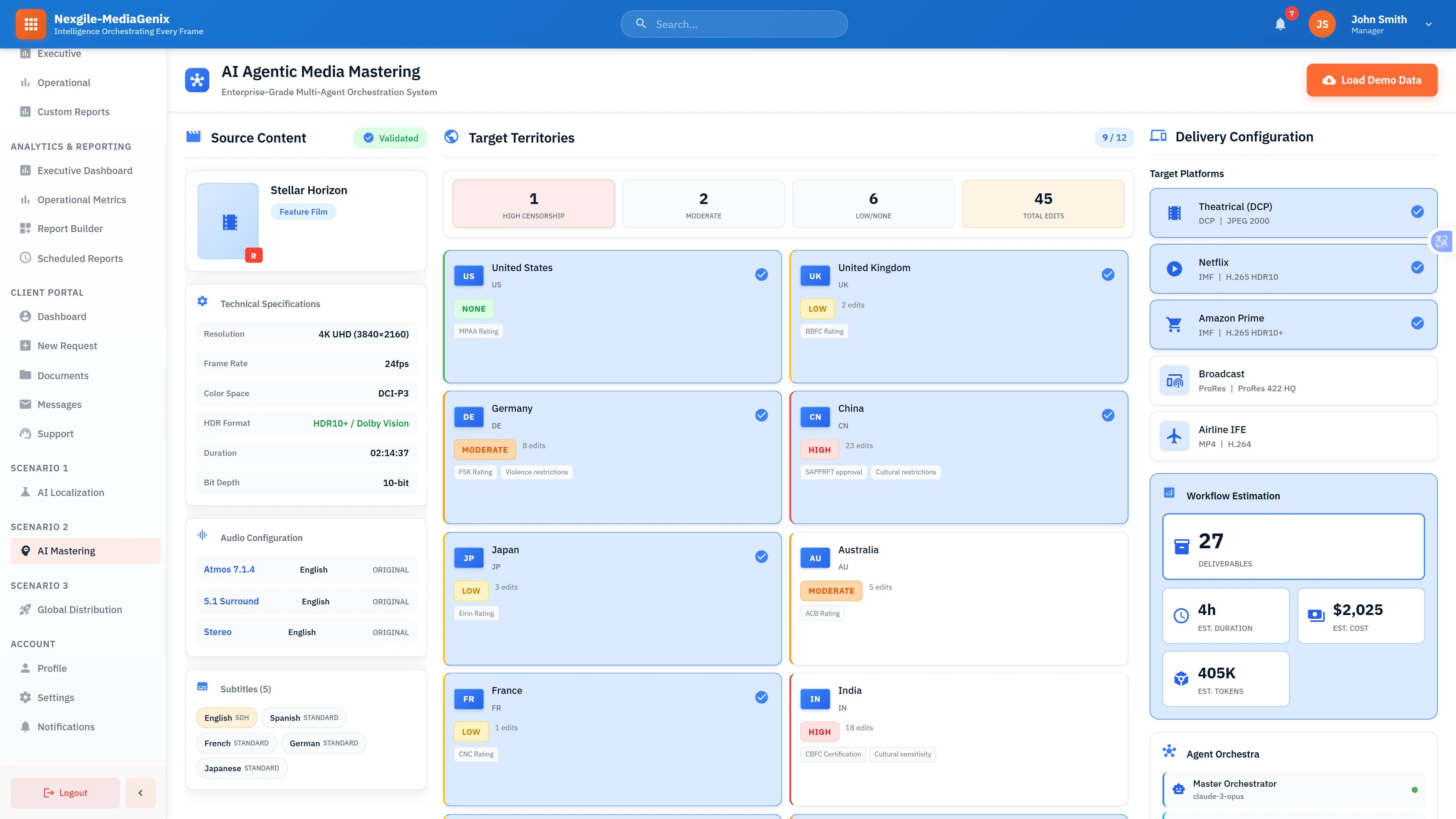 Project Configuration: Multi-territory mastering setup showing source content specifications, target territories with censorship requirements, delivery platform configuration, and workflow estimation