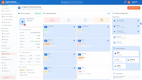 Project Configuration: Multi-territory mastering setup showing source content specifications, target territories with censorship requirements, delivery platform configuration, and workflow estimation