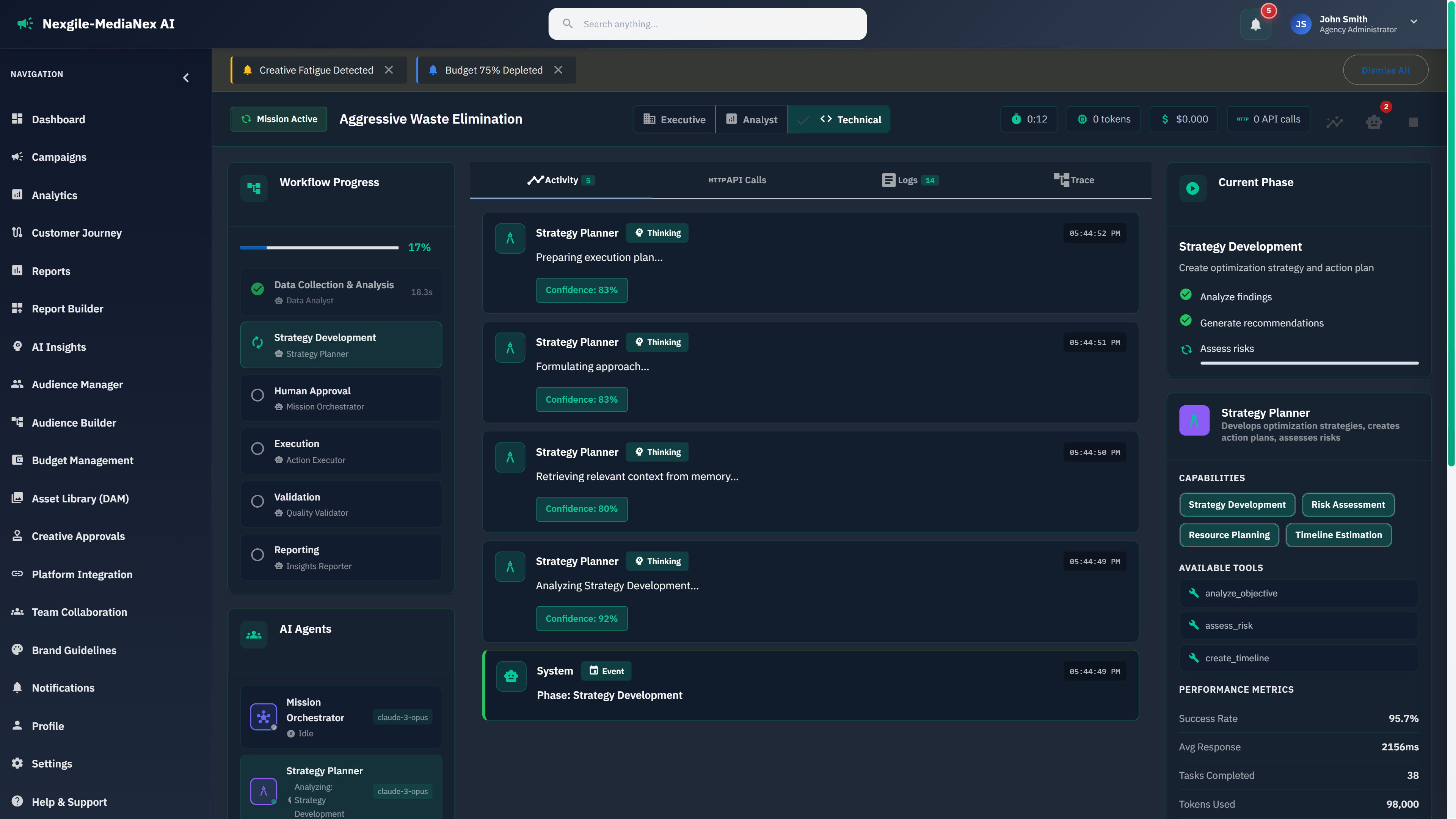 Real-time agent workflow monitoring showing Strategy Planner analyzing optimization strategies