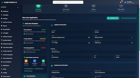 New loan application interface with applicant information input and multi-agent ReAct architecture display