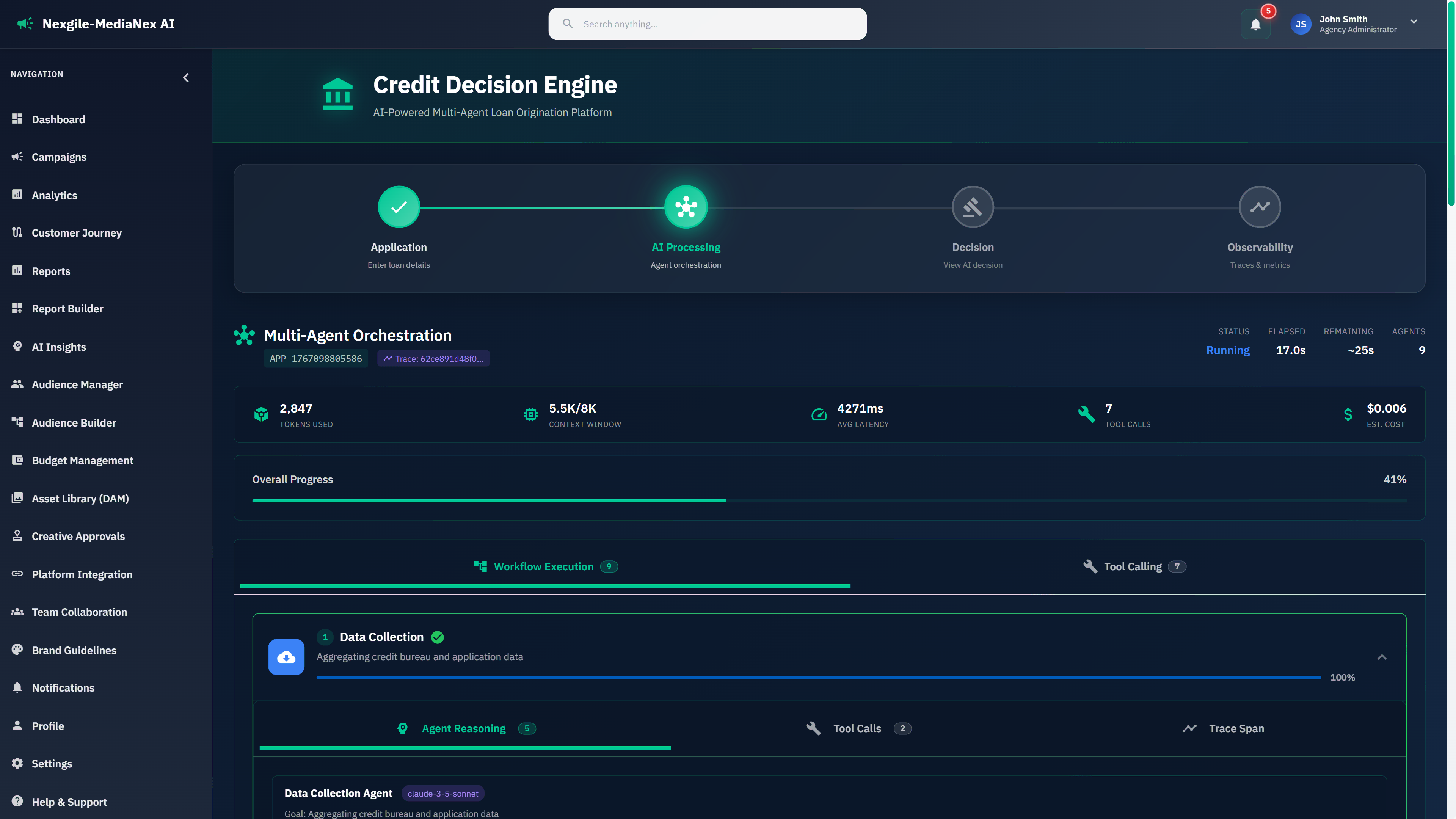 Multi-agent orchestration showing credit decision workflow with real-time data collection and analysis